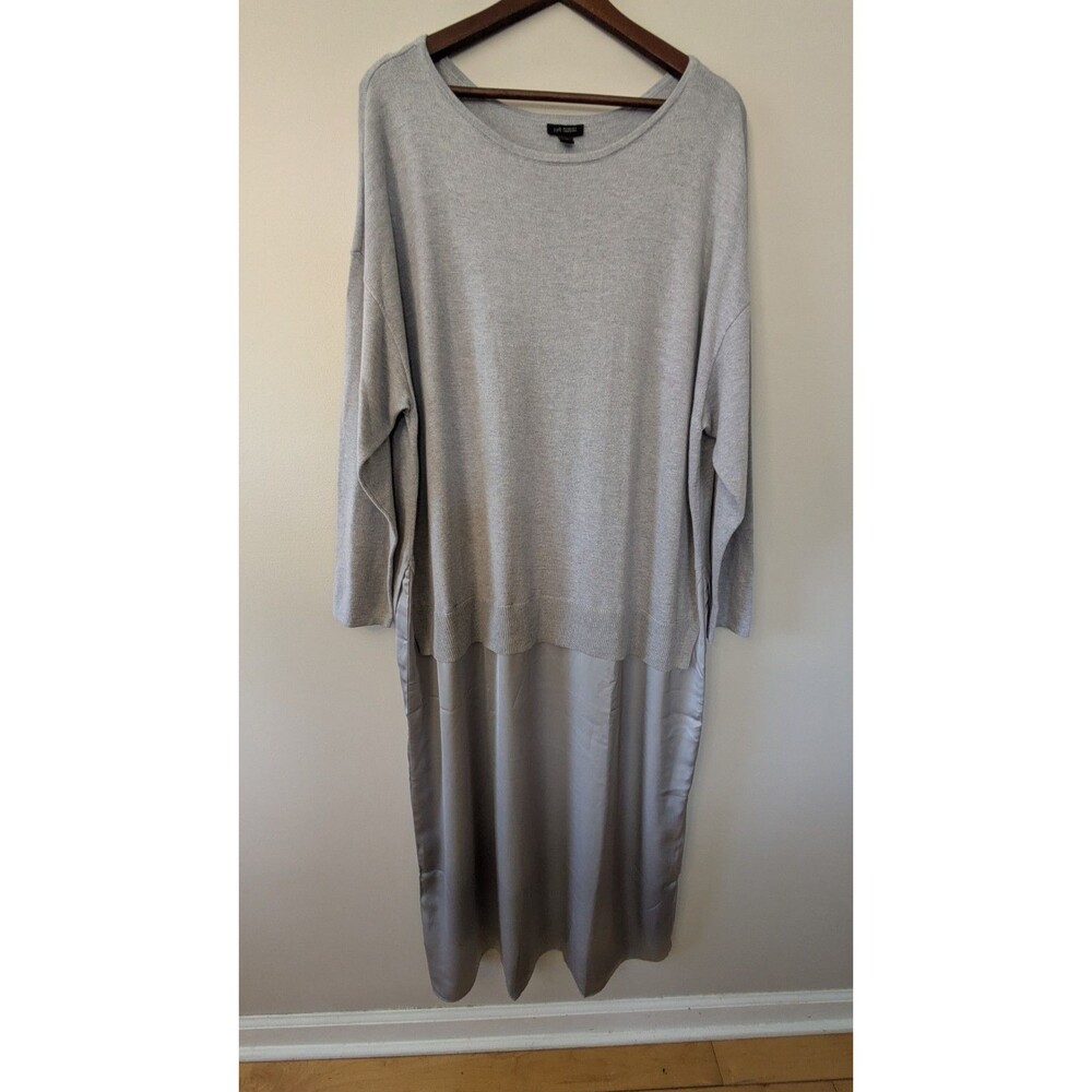 J Jill Wearever Sweater Dress 2X Mixed Media Gray Knit Satin Midi Classic Casual - Picture 2 of 12